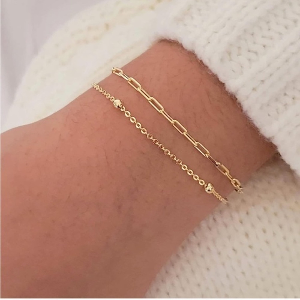 Gold 14k Gold Plated 2pc PaperClip Beaded Bracelet Set